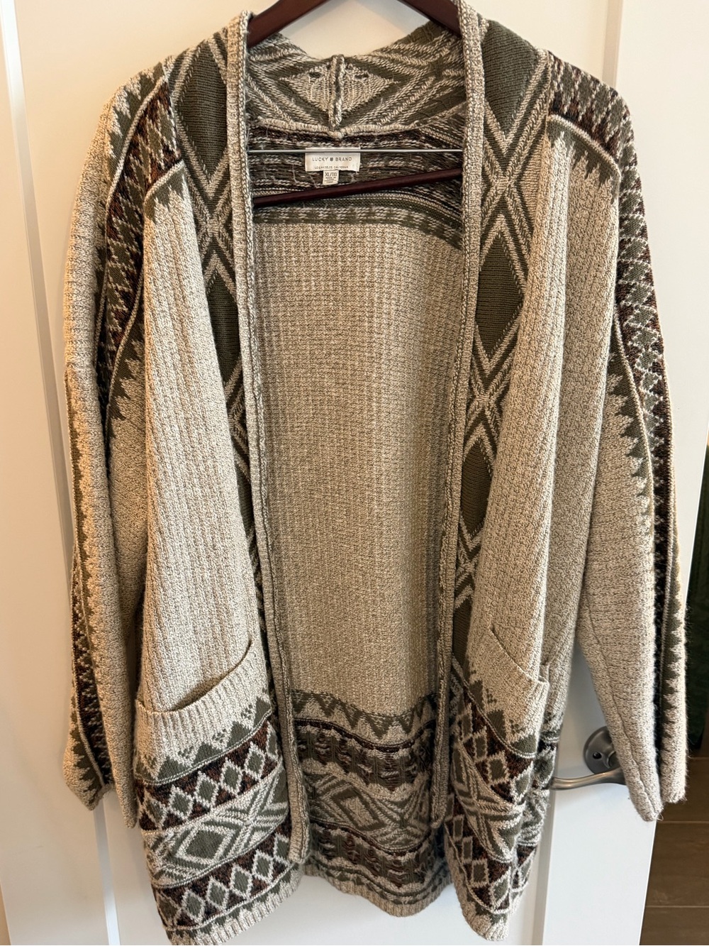 Lucky Brand Beige and Olive Geometric Open-Front Cardigan